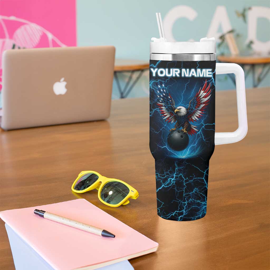 Lightning Bowling Tumbler With Handle Electric Blue Ball and American Eagle Graphic on Stormy Black Background - Wonder Print Shop