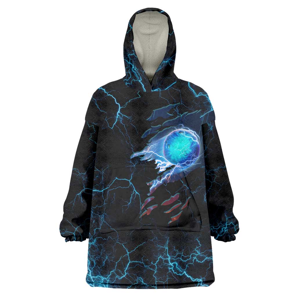 Lightning Bowling Wearable Blanket Hoodie Electric Blue Ball and American Eagle Graphic on Stormy Black Background - Wonder Print Shop