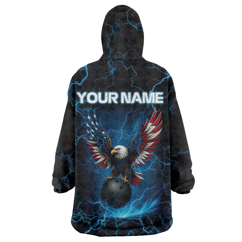 Lightning Bowling Wearable Blanket Hoodie Electric Blue Ball and American Eagle Graphic on Stormy Black Background - Wonder Print Shop