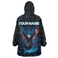 Lightning Bowling Wearable Blanket Hoodie Electric Blue Ball and American Eagle Graphic on Stormy Black Background - Wonder Print Shop