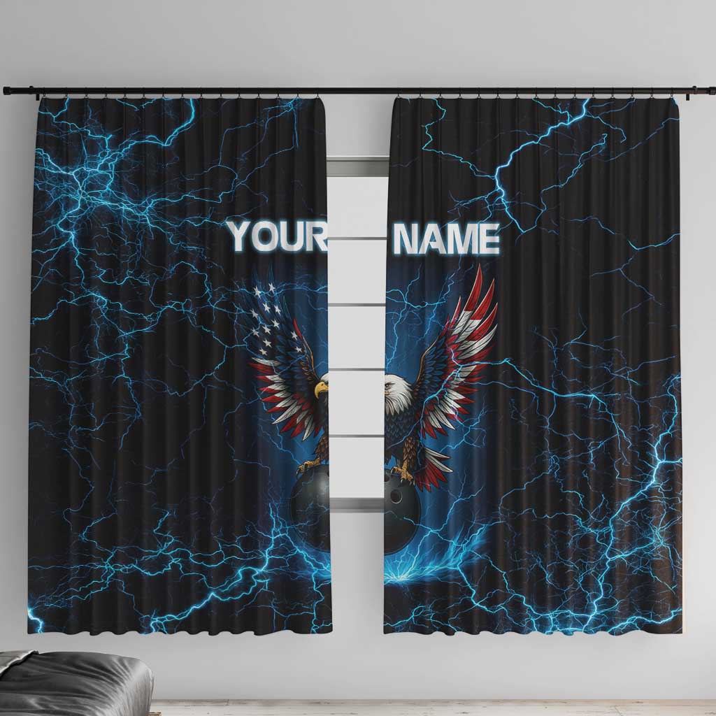Lightning Bowling Window Curtain Electric Blue Ball and American Eagle Graphic on Stormy Black Background - Wonder Print Shop