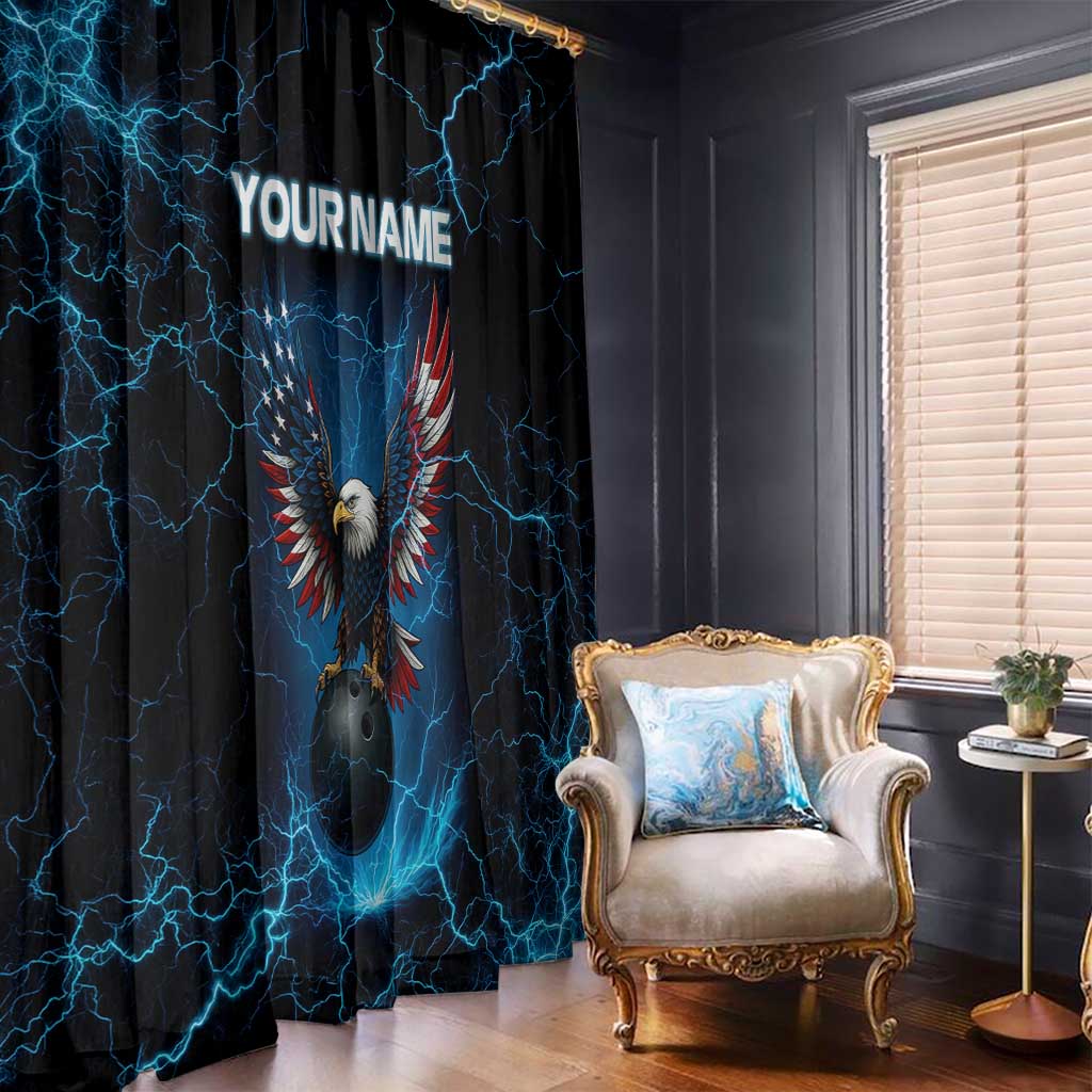 Lightning Bowling Window Curtain Electric Blue Ball and American Eagle Graphic on Stormy Black Background - Wonder Print Shop
