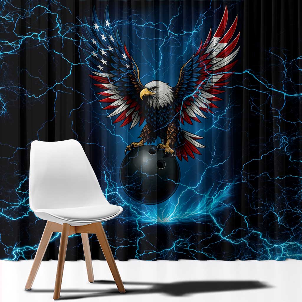 Lightning Bowling Window Curtain Electric Blue Ball and American Eagle Graphic on Stormy Black Background - Wonder Print Shop