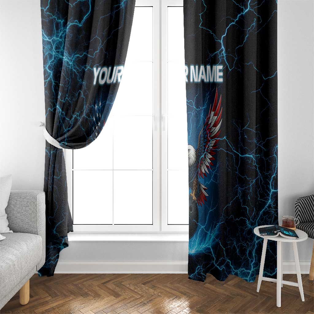 Lightning Bowling Window Curtain Electric Blue Ball and American Eagle Graphic on Stormy Black Background - Wonder Print Shop