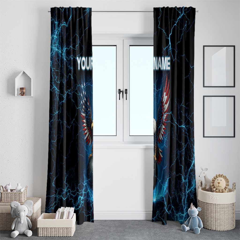 Lightning Bowling Window Curtain Electric Blue Ball and American Eagle Graphic on Stormy Black Background - Wonder Print Shop
