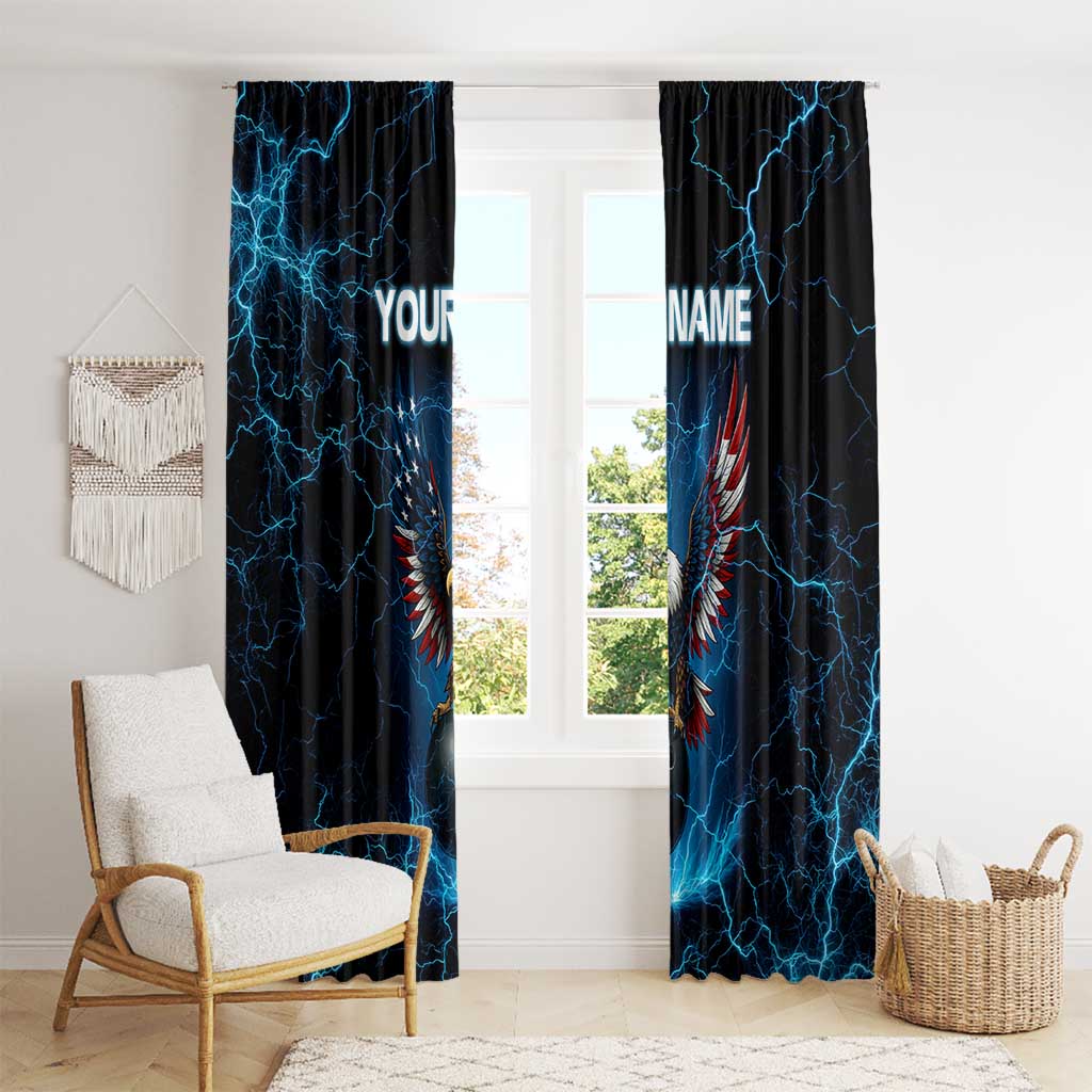 Lightning Bowling Window Curtain Electric Blue Ball and American Eagle Graphic on Stormy Black Background - Wonder Print Shop