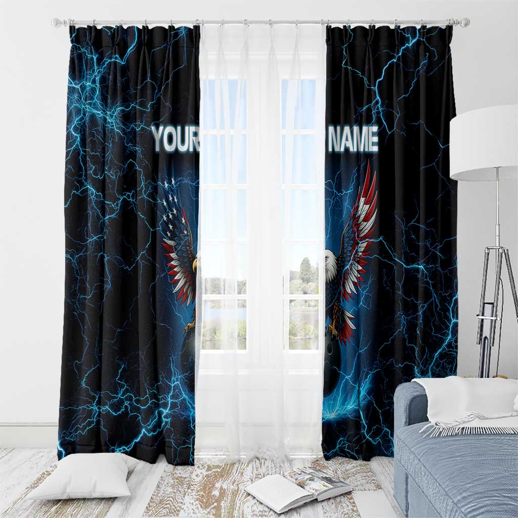 Lightning Bowling Window Curtain Electric Blue Ball and American Eagle Graphic on Stormy Black Background - Wonder Print Shop