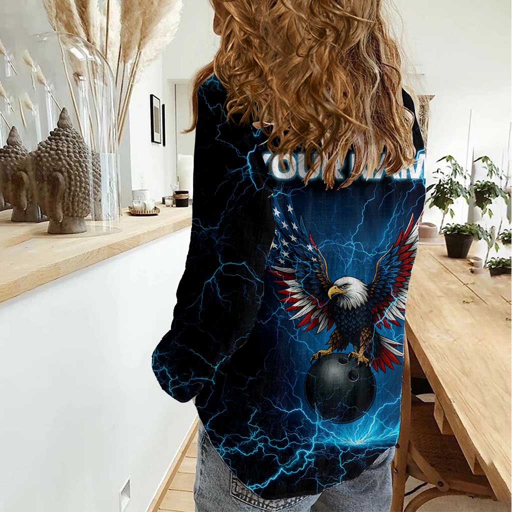 Lightning Bowling Women Casual Shirt Electric Blue Ball and American Eagle Graphic on Stormy Black Background - Wonder Print Shop
