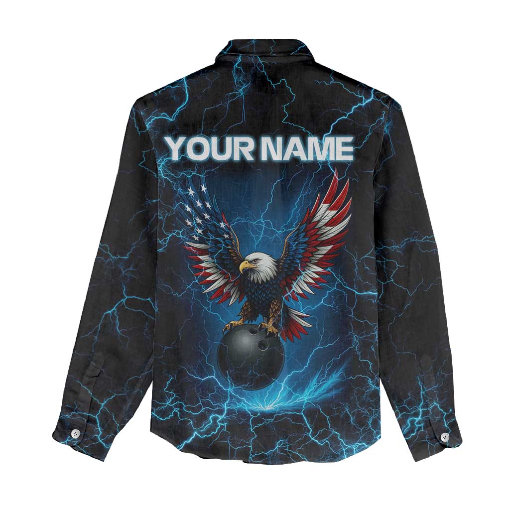 Lightning Bowling Women Casual Shirt Electric Blue Ball and American Eagle Graphic on Stormy Black Background - Wonder Print Shop