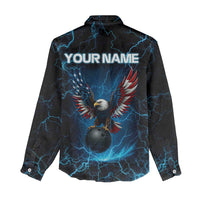Lightning Bowling Women Casual Shirt Electric Blue Ball and American Eagle Graphic on Stormy Black Background - Wonder Print Shop