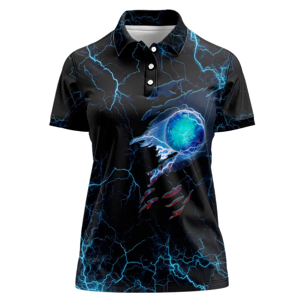 Lightning Bowling Women Polo Shirt Electric Blue Ball and American Eagle Graphic on Stormy Black Background - Wonder Print Shop