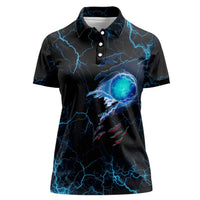 Lightning Bowling Women Polo Shirt Electric Blue Ball and American Eagle Graphic on Stormy Black Background - Wonder Print Shop
