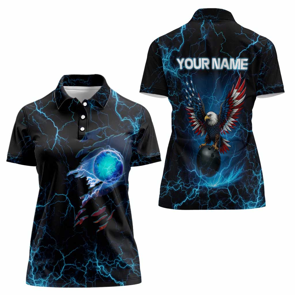 Lightning Bowling Women Polo Shirt Electric Blue Ball and American Eagle Graphic on Stormy Black Background - Wonder Print Shop