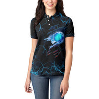 Lightning Bowling Women Polo Shirt Electric Blue Ball and American Eagle Graphic on Stormy Black Background - Wonder Print Shop