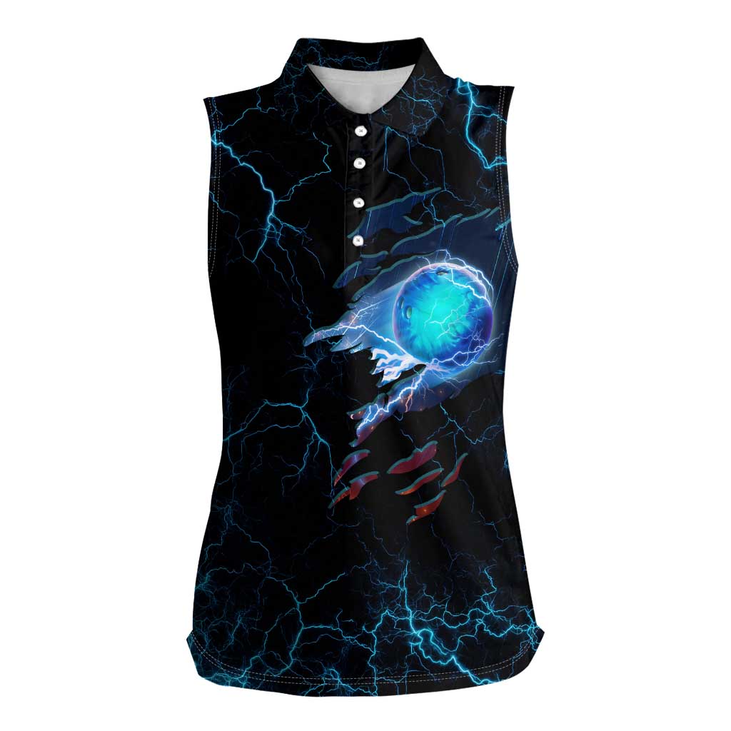 Lightning Bowling Women Sleeveless Polo Shirt Electric Blue Ball and American Eagle Graphic on Stormy Black Background - Wonder Print Shop
