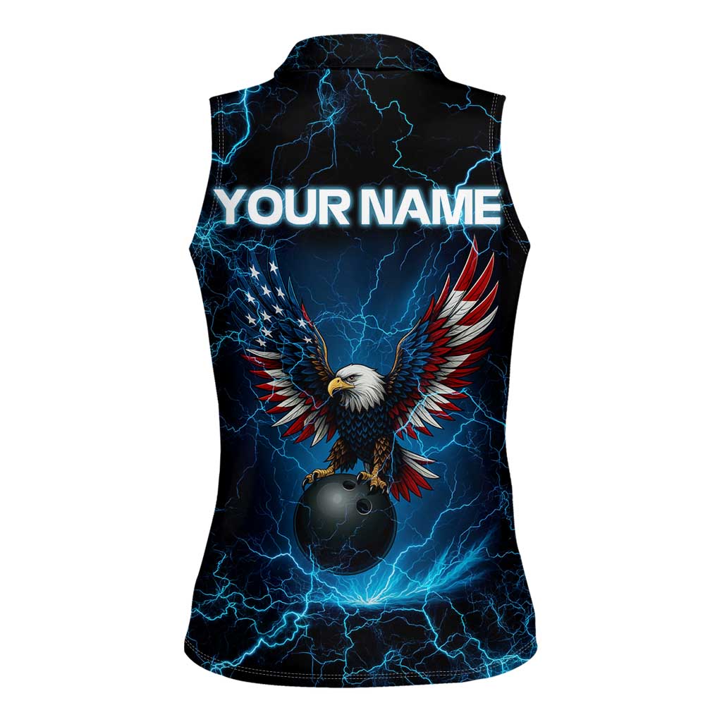 Lightning Bowling Women Sleeveless Polo Shirt Electric Blue Ball and American Eagle Graphic on Stormy Black Background - Wonder Print Shop