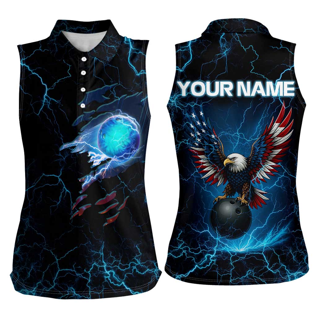 Lightning Bowling Women Sleeveless Polo Shirt Electric Blue Ball and American Eagle Graphic on Stormy Black Background - Wonder Print Shop