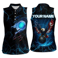 Lightning Bowling Women Sleeveless Polo Shirt Electric Blue Ball and American Eagle Graphic on Stormy Black Background - Wonder Print Shop