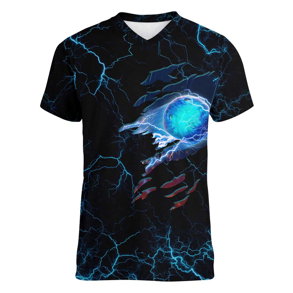 Lightning Bowling Women V-Neck T-Shirt Electric Blue Ball and American Eagle Graphic on Stormy Black Background - Wonder Print Shop