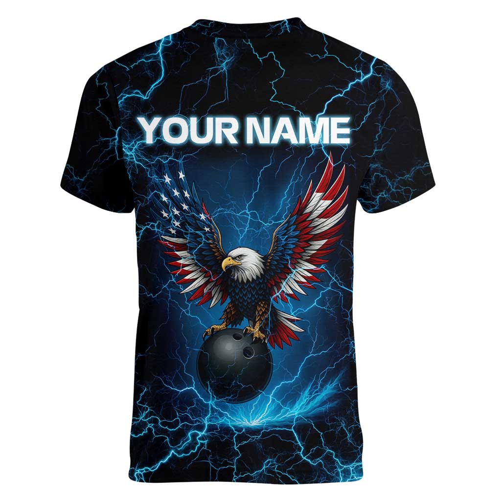 Lightning Bowling Women V-Neck T-Shirt Electric Blue Ball and American Eagle Graphic on Stormy Black Background - Wonder Print Shop