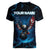 Lightning Bowling Women V-Neck T-Shirt Electric Blue Ball and American Eagle Graphic on Stormy Black Background - Wonder Print Shop