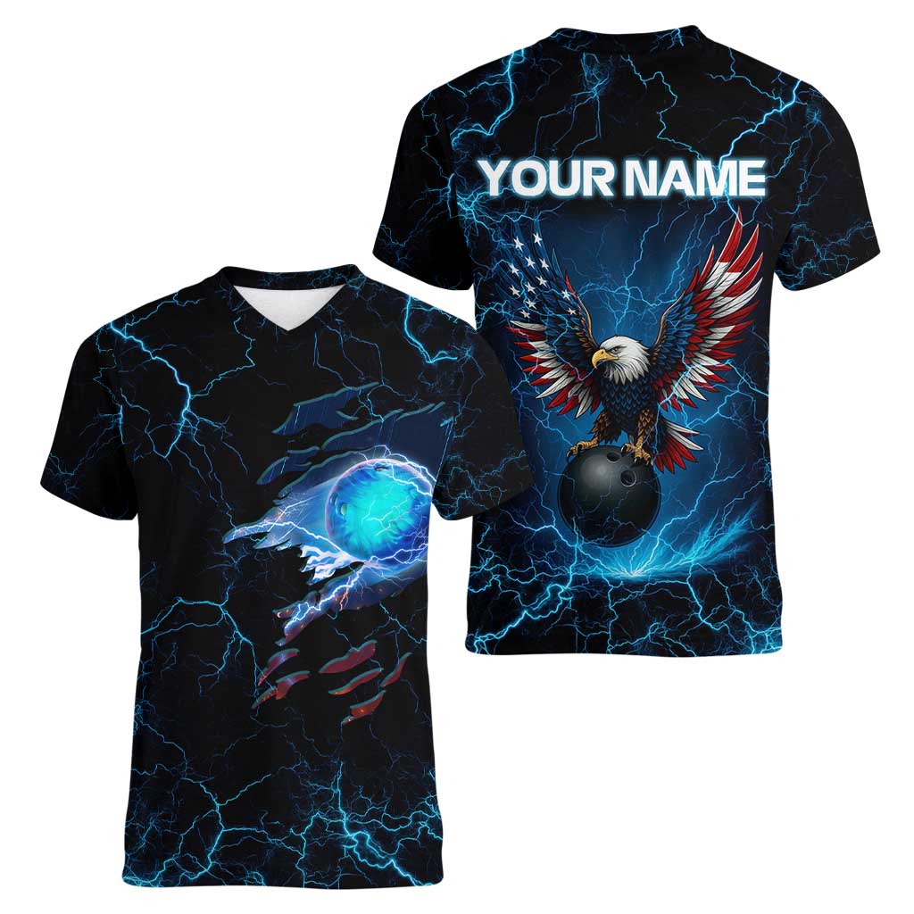 Lightning Bowling Women V-Neck T-Shirt Electric Blue Ball and American Eagle Graphic on Stormy Black Background - Wonder Print Shop