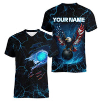 Lightning Bowling Women V-Neck T-Shirt Electric Blue Ball and American Eagle Graphic on Stormy Black Background - Wonder Print Shop