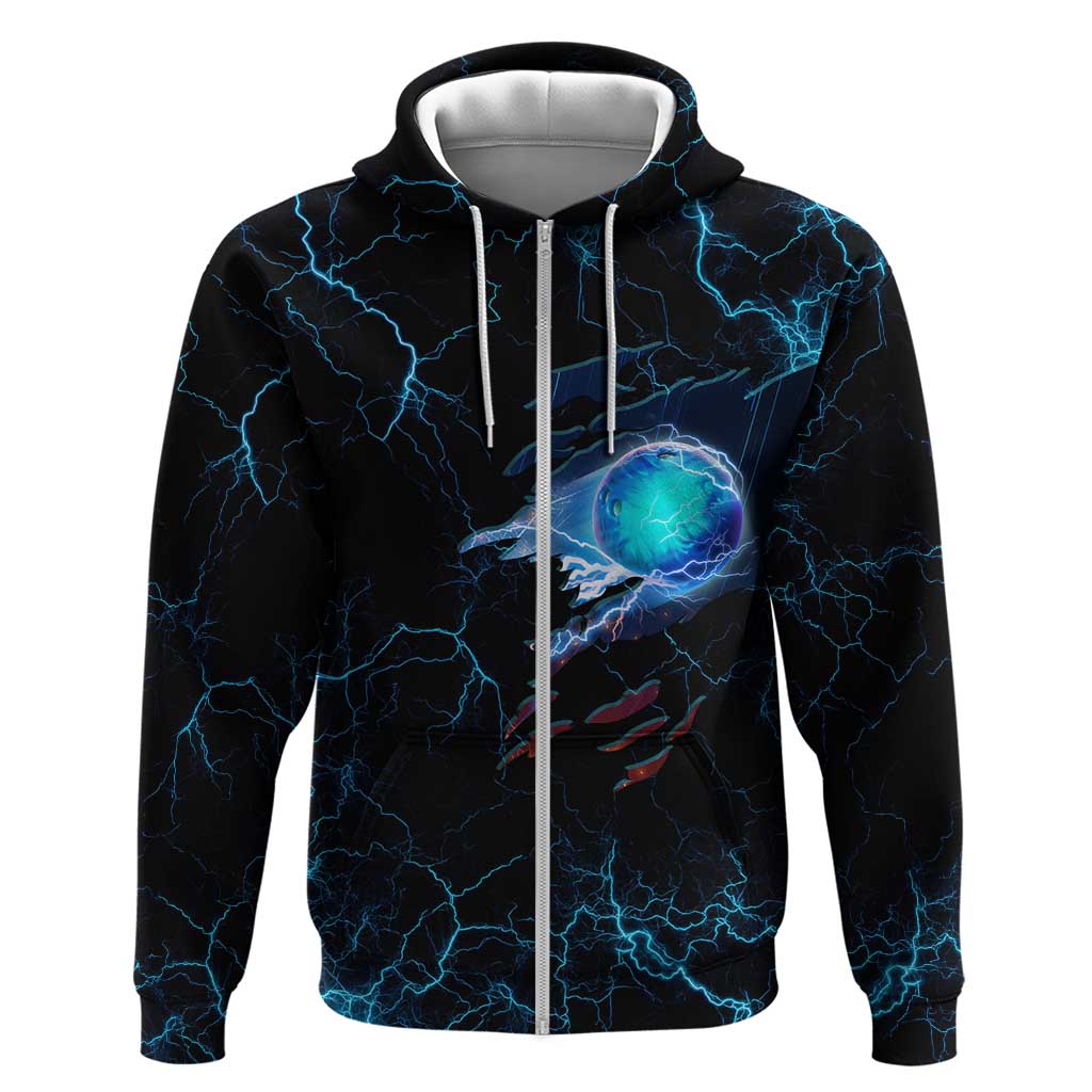 Lightning Bowling Zip Hoodie Electric Blue Ball and American Eagle Graphic on Stormy Black Background - Wonder Print Shop