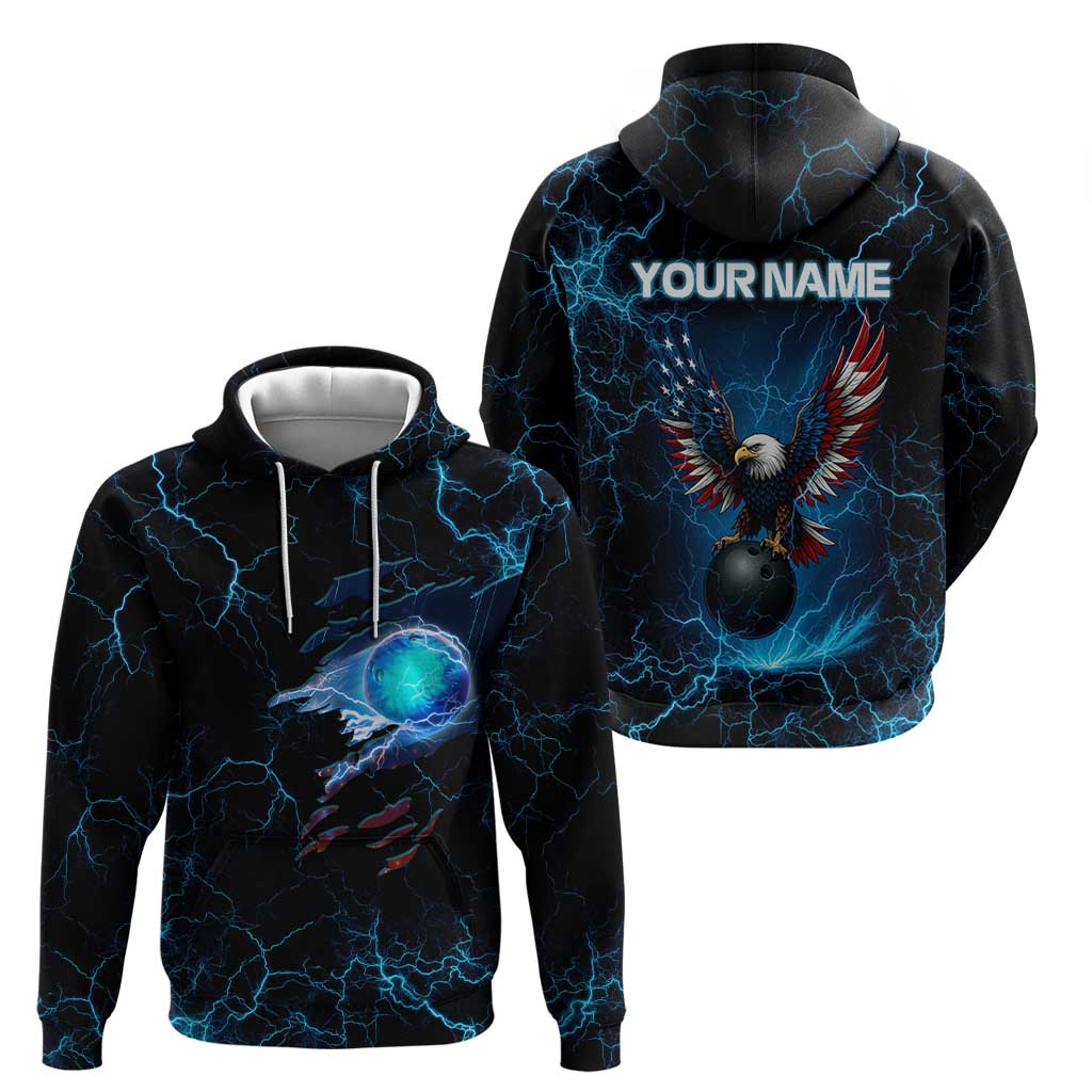 Lightning Bowling Zip Hoodie Electric Blue Ball and American Eagle Graphic on Stormy Black Background - Wonder Print Shop