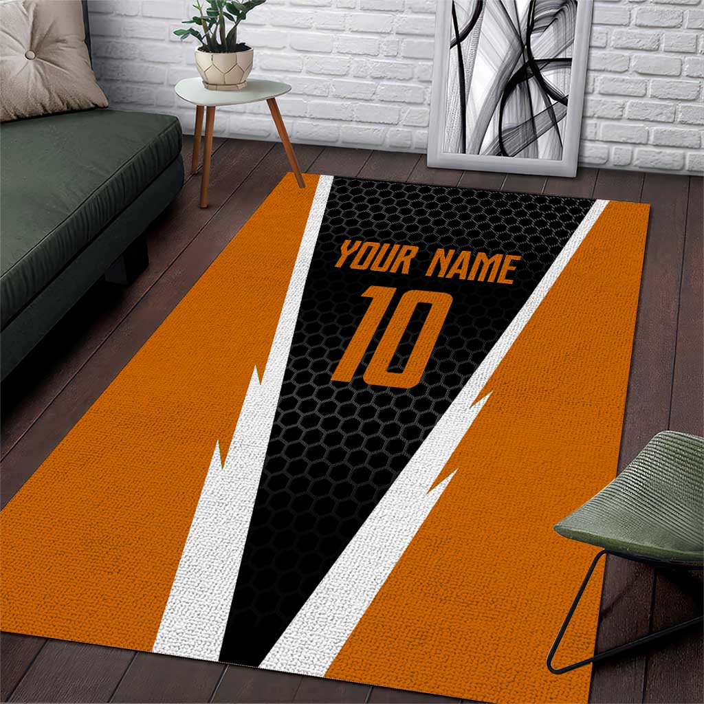 Bass Fishing Area Rug Jumping Largemouth Fish on Black Hex Pattern and Orange White Lightning Accents - Wonder Print Shop