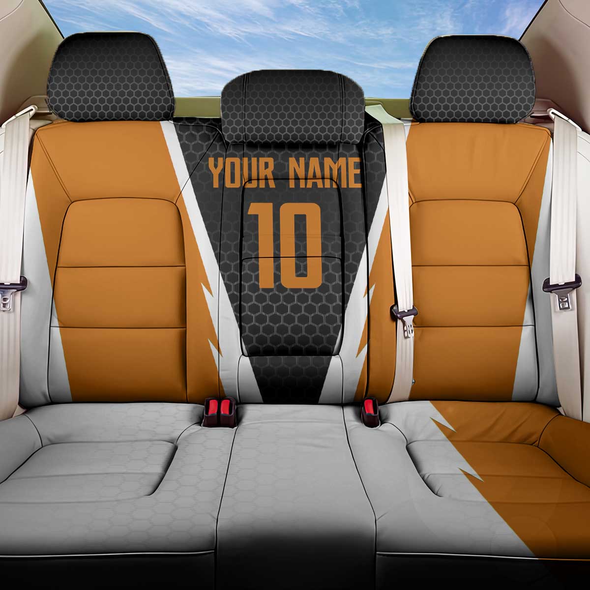 Bass Fishing Back Car Seat Cover Jumping Largemouth Fish on Black Hex Pattern and Orange White Lightning Accents - Wonder Print Shop