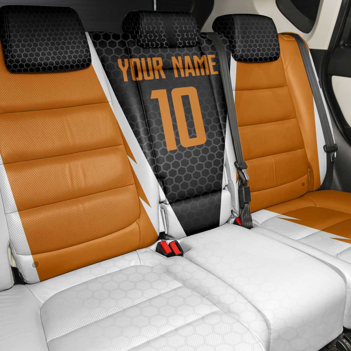 Bass Fishing Back Car Seat Cover Jumping Largemouth Fish on Black Hex Pattern and Orange White Lightning Accents - Wonder Print Shop