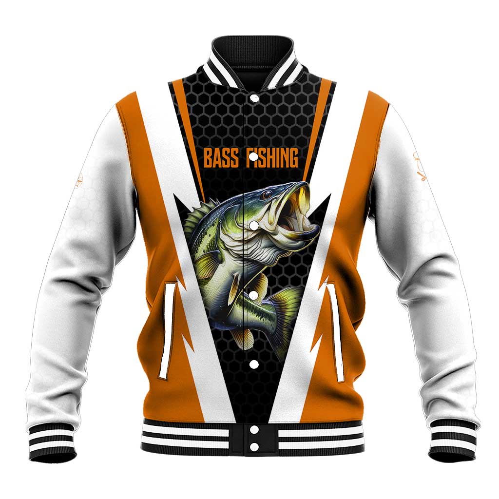 Bass Fishing Baseball Jacket Jumping Largemouth Fish on Black Hex Pattern and Orange White Lightning Accents - Wonder Print Shop