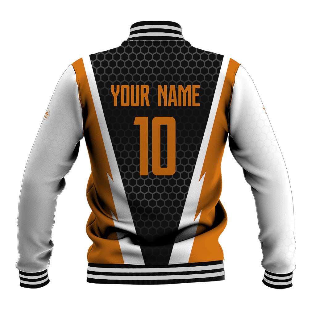 Bass Fishing Baseball Jacket Jumping Largemouth Fish on Black Hex Pattern and Orange White Lightning Accents - Wonder Print Shop