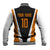 Bass Fishing Baseball Jacket Jumping Largemouth Fish on Black Hex Pattern and Orange White Lightning Accents - Wonder Print Shop