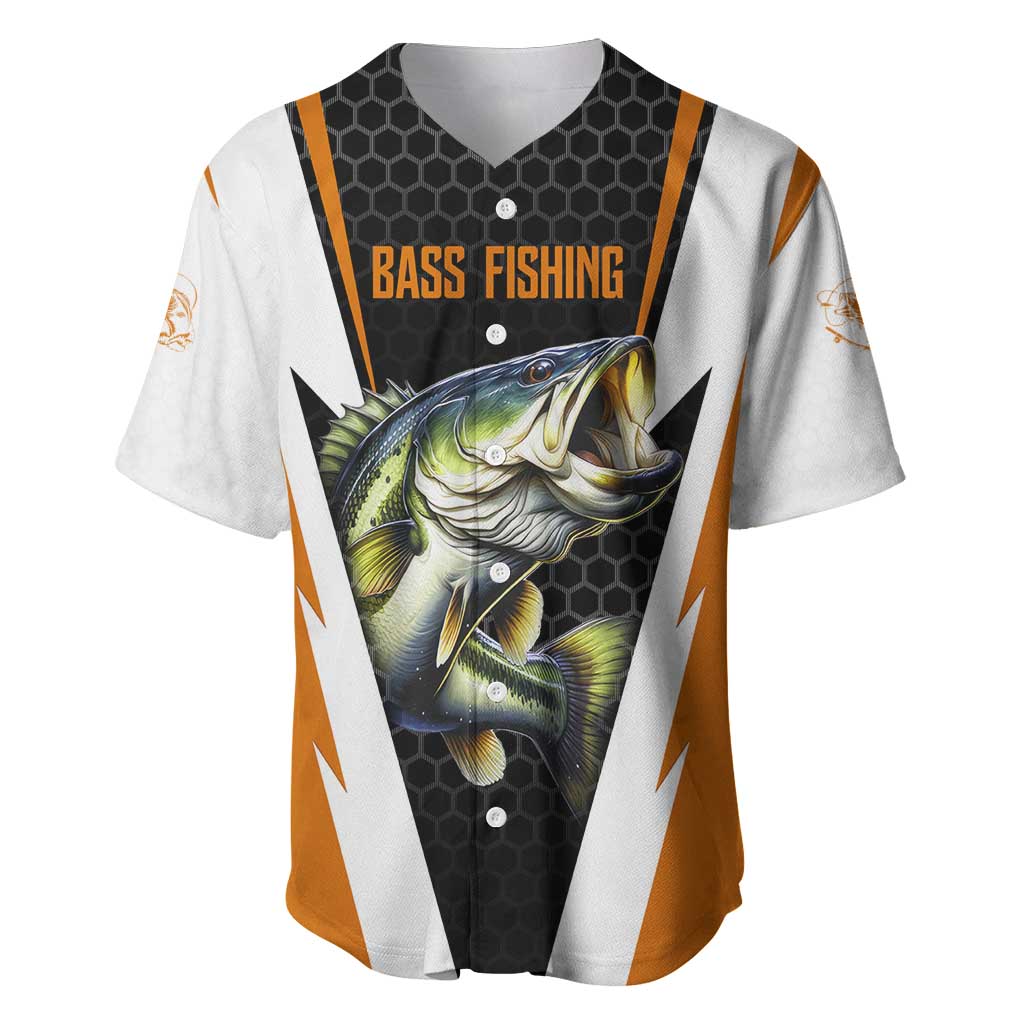 Bass Fishing Baseball Jersey Jumping Largemouth Fish on Black Hex Pattern and Orange White Lightning Accents - Wonder Print Shop