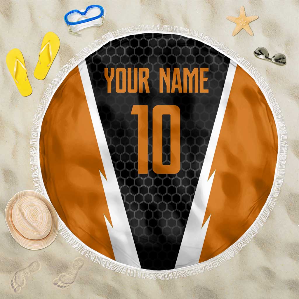 Bass Fishing Beach Blanket Jumping Largemouth Fish on Black Hex Pattern and Orange White Lightning Accents - Wonder Print Shop