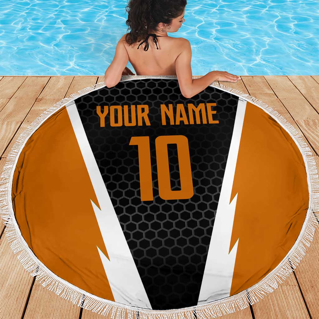 Bass Fishing Beach Blanket Jumping Largemouth Fish on Black Hex Pattern and Orange White Lightning Accents - Wonder Print Shop