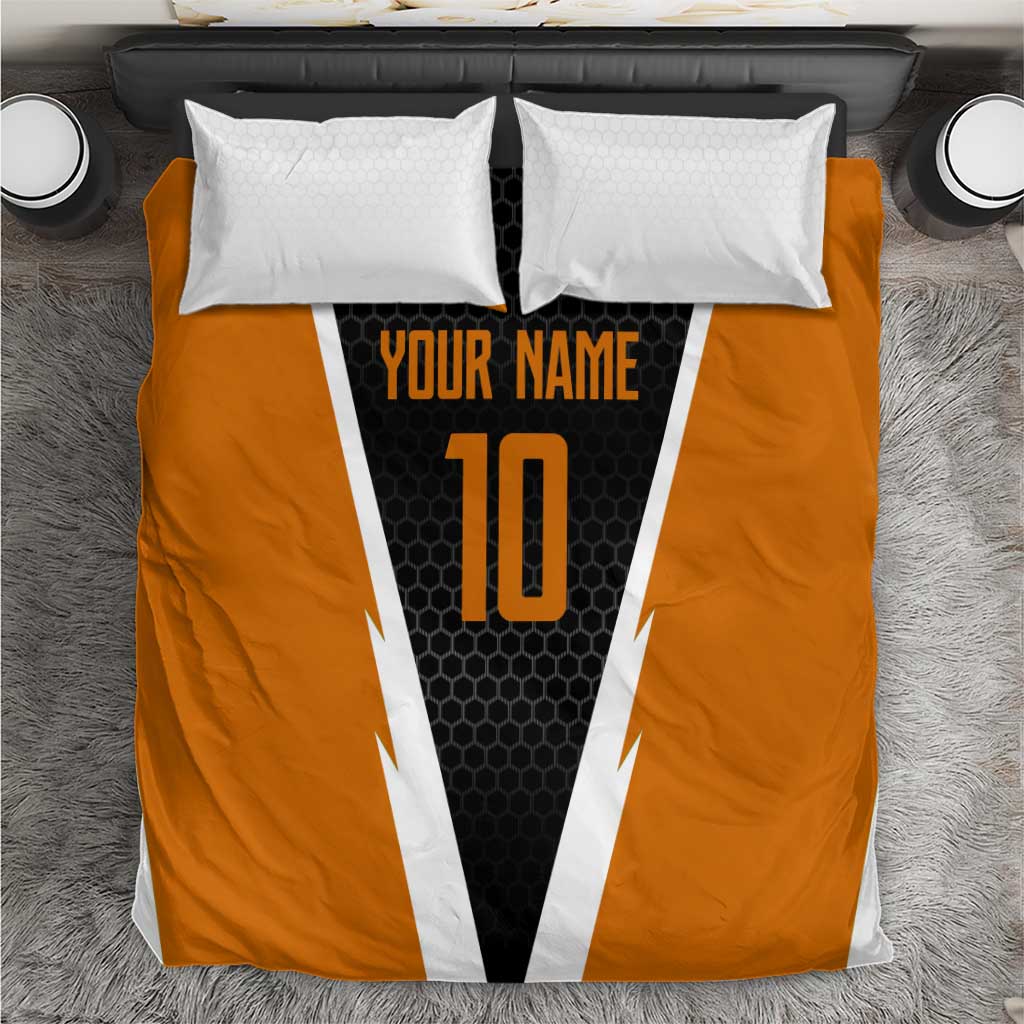 Bass Fishing Bedding Set Jumping Largemouth Fish on Black Hex Pattern and Orange White Lightning Accents - Wonder Print Shop