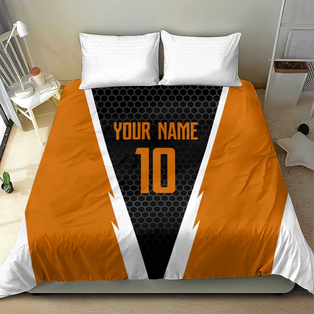 Bass Fishing Bedding Set Jumping Largemouth Fish on Black Hex Pattern and Orange White Lightning Accents - Wonder Print Shop