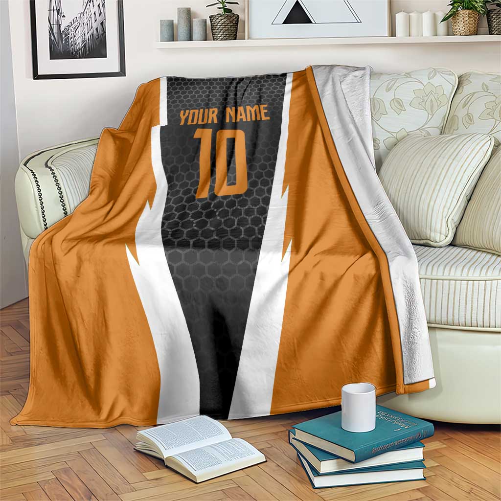 Bass Fishing Blanket Jumping Largemouth Fish on Black Hex Pattern and Orange White Lightning Accents - Wonder Print Shop