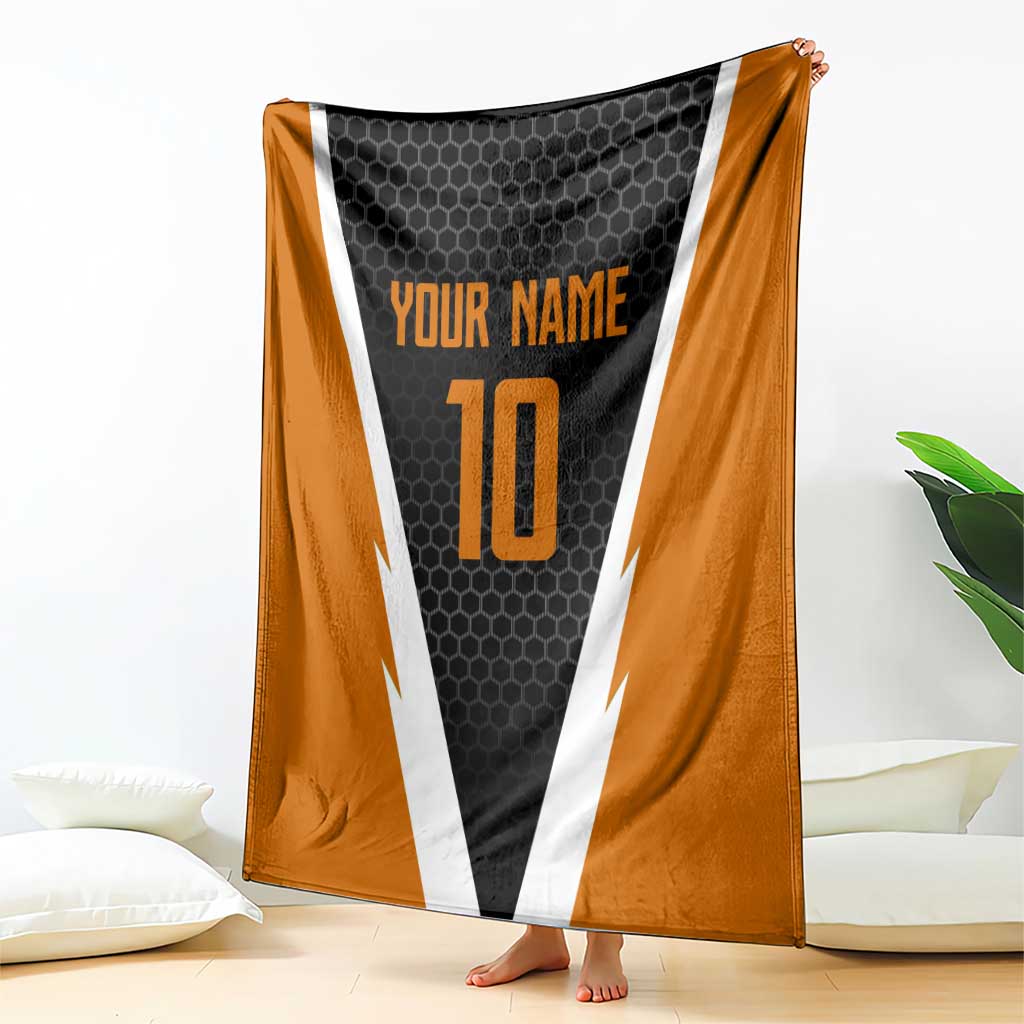 Bass Fishing Blanket Jumping Largemouth Fish on Black Hex Pattern and Orange White Lightning Accents - Wonder Print Shop