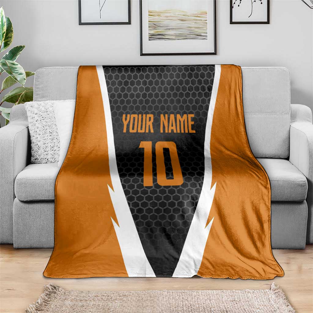 Bass Fishing Blanket Jumping Largemouth Fish on Black Hex Pattern and Orange White Lightning Accents - Wonder Print Shop