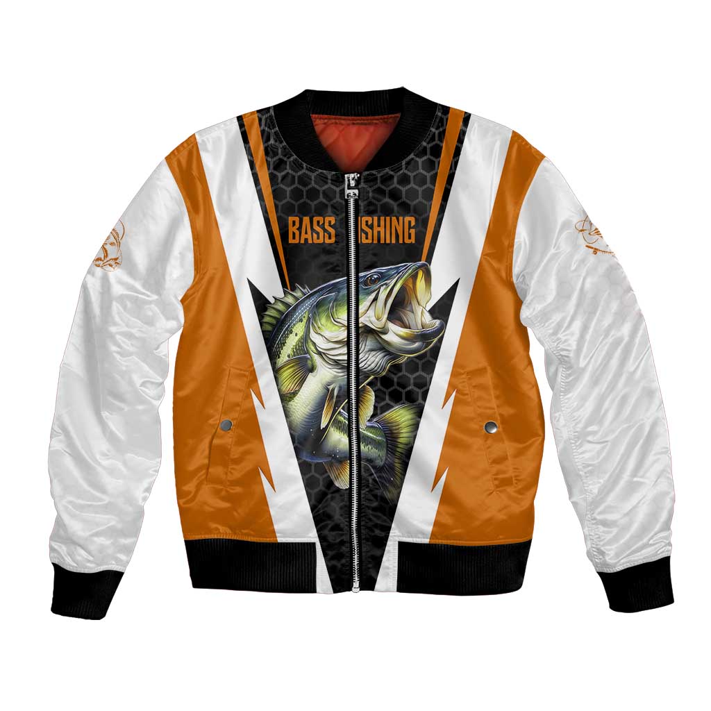 Bass Fishing Bomber Jacket Jumping Largemouth Fish on Black Hex Pattern and Orange White Lightning Accents - Wonder Print Shop