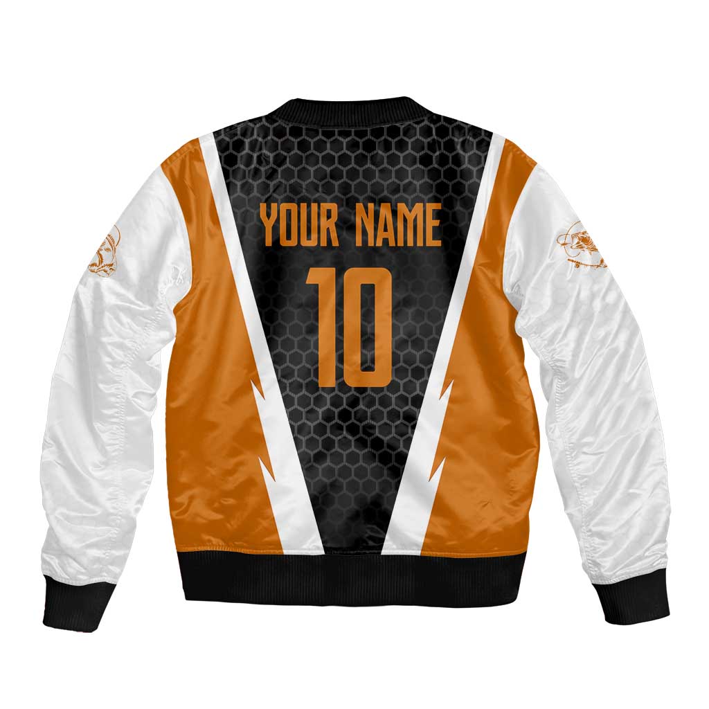 Bass Fishing Bomber Jacket Jumping Largemouth Fish on Black Hex Pattern and Orange White Lightning Accents - Wonder Print Shop