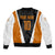 Bass Fishing Bomber Jacket Jumping Largemouth Fish on Black Hex Pattern and Orange White Lightning Accents - Wonder Print Shop