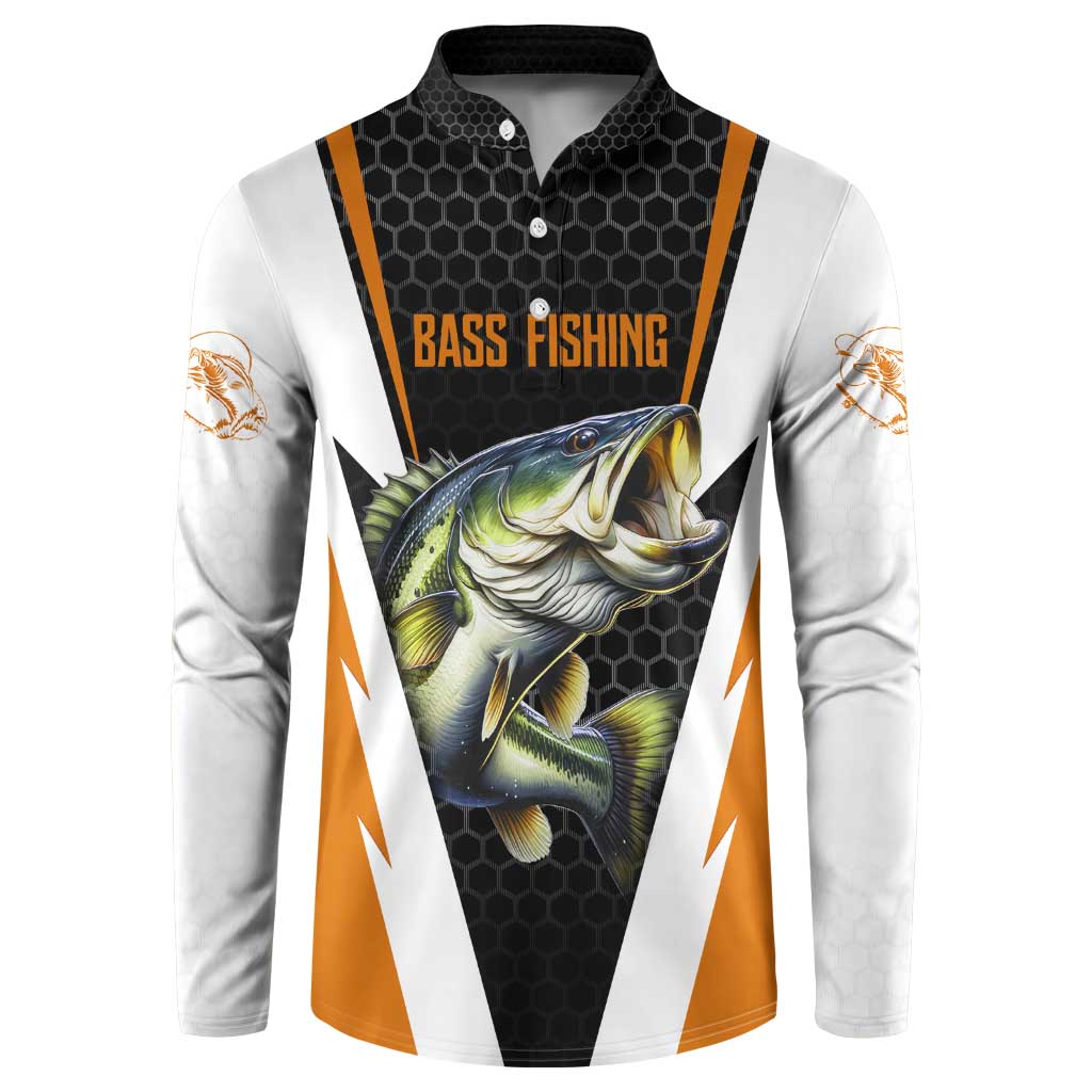 Bass Fishing Button Sweatshirt Jumping Largemouth Fish on Black Hex Pattern and Orange White Lightning Accents - Wonder Print Shop