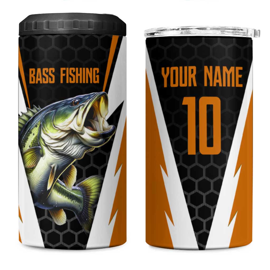 Bass Fishing 4 in 1 Can Cooler Tumbler Jumping Largemouth Fish on Black Hex Pattern and Orange White Lightning Accents - Wonder Print Shop