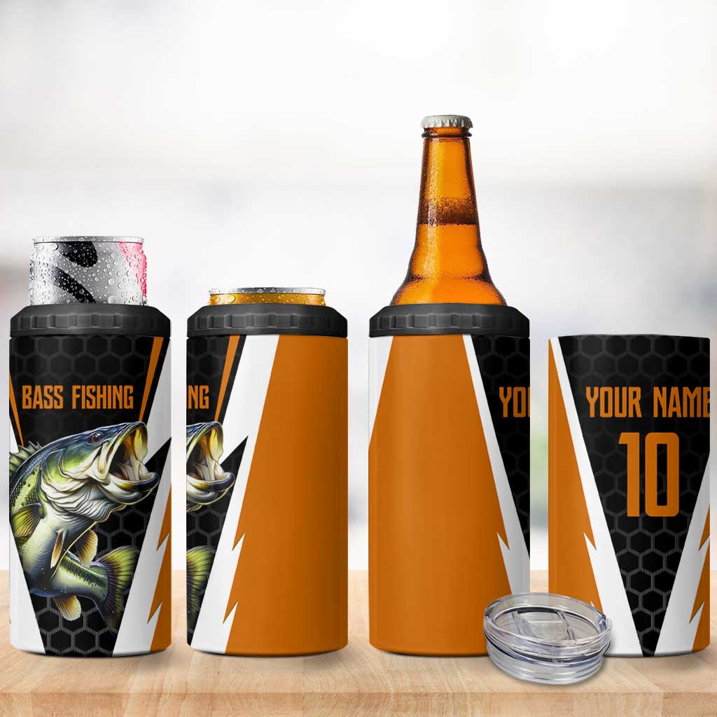 Bass Fishing 4 in 1 Can Cooler Tumbler Jumping Largemouth Fish on Black Hex Pattern and Orange White Lightning Accents - Wonder Print Shop