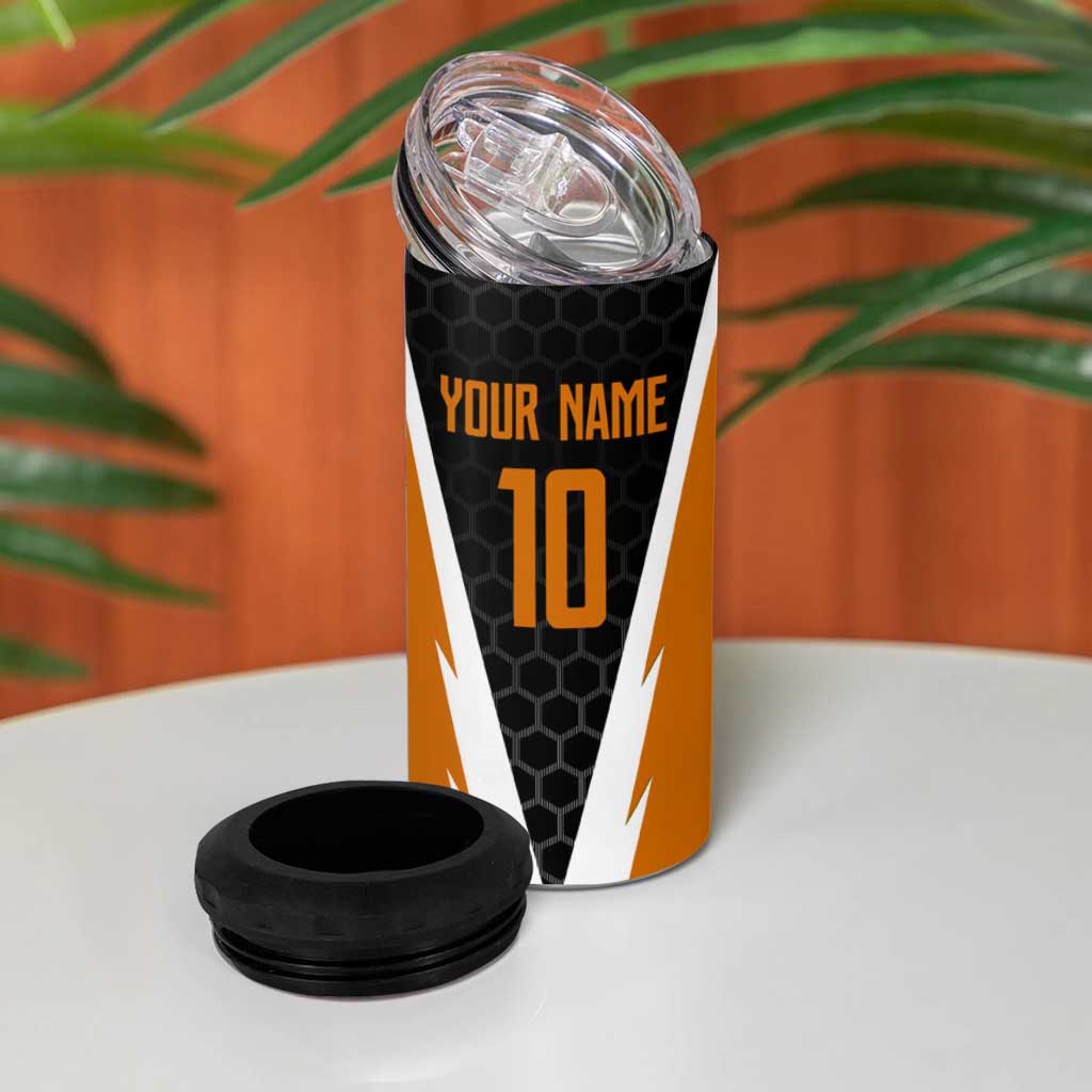 Bass Fishing 4 in 1 Can Cooler Tumbler Jumping Largemouth Fish on Black Hex Pattern and Orange White Lightning Accents - Wonder Print Shop